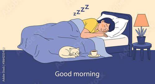 A person is sleeping peacefully in bed with a cute cat resting at their feet and a coffee cup on a nightstand.