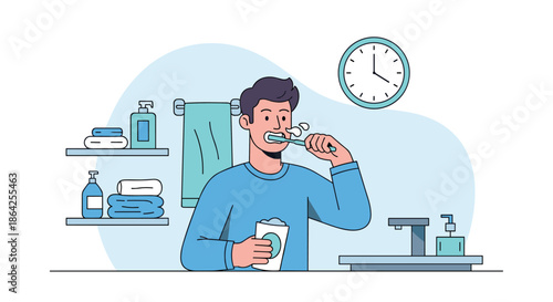 A young man is brushing his teeth in the bathroom in front of the sink as part of his daily morning hygiene routine.