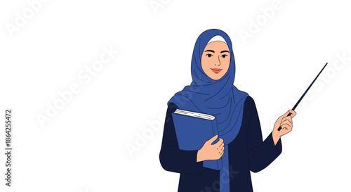 A smiling Muslim female teacher wearing a blue hijab is holding a book and pointing with a stick on a white background.