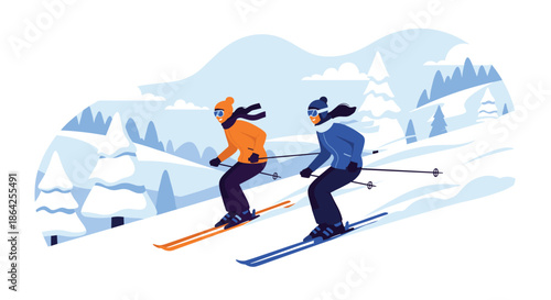 Two adventurous female skiers in colorful winter gear are skiing down a snowy mountain slope surrounded by pine trees.