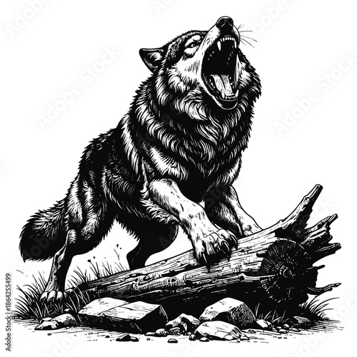 A black and white illustration of a wolf howling at the moon on a pile of logs and rocks