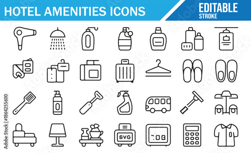 Hotel Amenities Vector Icons with Editable Stroke.