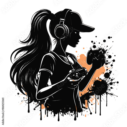 Black silhouette of a woman wearing headphones and a cap playing video games with colorful paint splashes in the background