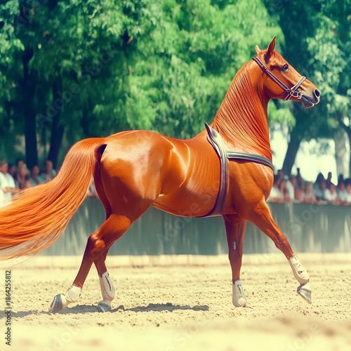 A majestic American Saddlebred in full parade tack, tail arched and legs prancing high, gliding across a show ring. Shot in 8K ultra high-resolution with hyperreal color depth and a shallow depth of f