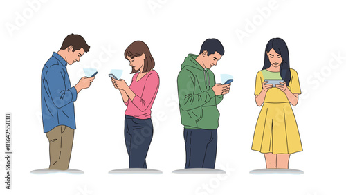 Four diverse individuals, two males and two females, stand with poor posture, intently focused on their smartphones, depicting common modern digital device usage.