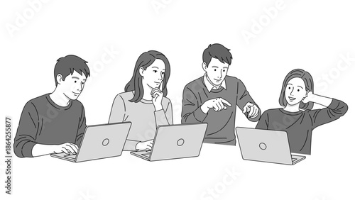 A group of four diverse individuals, two males and two females, are collaboratively working on laptops, engaged in discussion and shared problem-solving.
