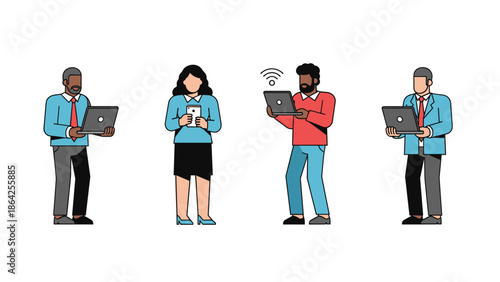 Four diverse individuals, two males and two females, are shown interacting with laptops and smartphones, one displaying a prominent Wi-Fi signal, emphasizing connectivity.
