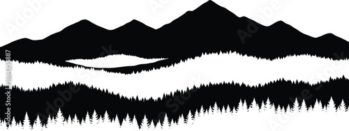 Striking black and white layered silhouette design showcasing dense evergreen forests nestled beneath imposing mountain peaks creating a stark minimalist landscape graphic perfect for outdoor themes