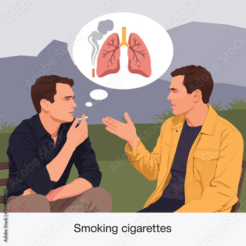 Two men talking outdoors with smoking 