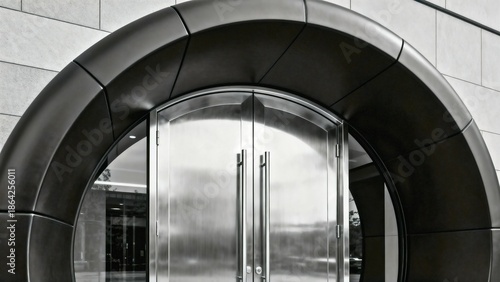 Wallpaper Mural A sharp photo of a modern Art Deco revival building entrance a smooth black-matte arch framing polished chrome doors under even studio lighting. Torontodigital.ca