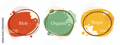 Vector Set of minimal Blob organic emblems isolated on white background. Irregular label tag for promo, sale and discount. Simle text.