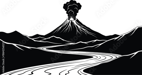 Striking black and white graphic illustration depicts a powerfully erupting volcano looming over a winding river flowing through a dramatic mountainous landscape scene