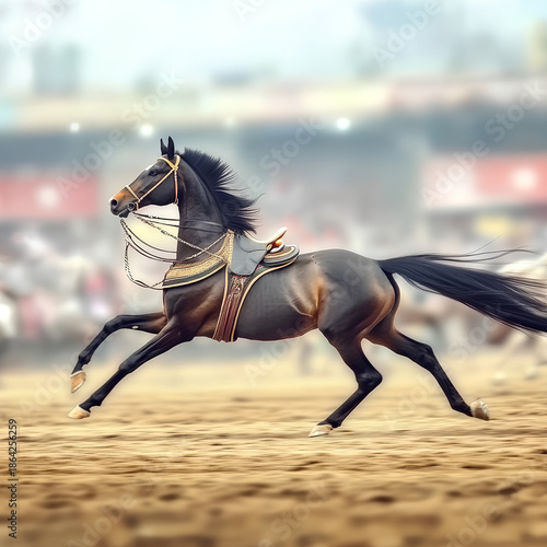 A majestic American Saddlebred in full parade tack, tail arched and legs prancing high, gliding across a show ring. Shot in 8K ultra high-resolution with hyperreal color depth and a shallow depth of f