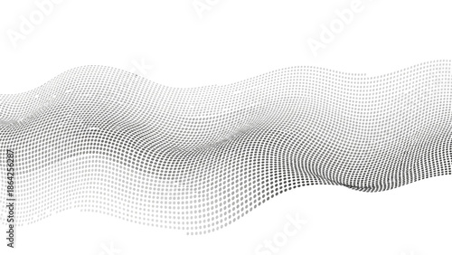 Elegant abstract grey wave pattern composed of numerous interconnected dots, creating a flowing digital landscape or futuristic sound visualization on a clean white background