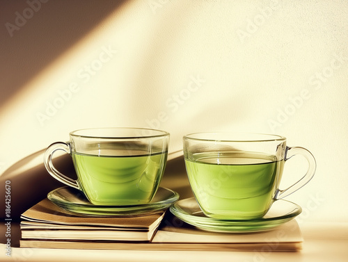 Two transparent glass cups filled with green tea sit on matching glass saucers, placed atop a stack of books. The scene is bathed in soft golden sunlight, casting long shadows on the wall behind