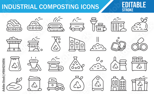 Industrial Composting Vector Line Icons Set