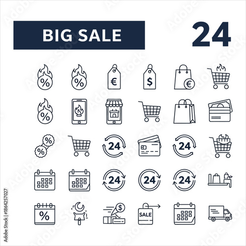 Big sale e-commerce line icon set with 24 shopping, discount and online retail symbols in modern vector grid