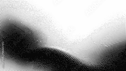 Abstract monochrome wave pattern of dots creating a textured, distorted landscape with light and shadow effects
