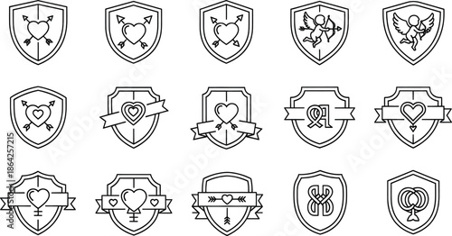 Collection of various shield icons with hearts and symbols on for design