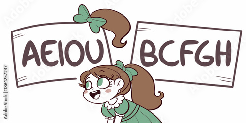 Cartoon Girl with Alphabet Boards for Vowels and Consonants