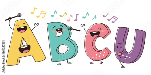 Fun Alphabet Characters Singing and Dancing Vector Illustration