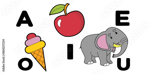 Educational Vowels Chart with Cute Cartoon Illustrations