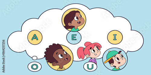 Educational Cartoon Illustration of Kids Learning Vowels