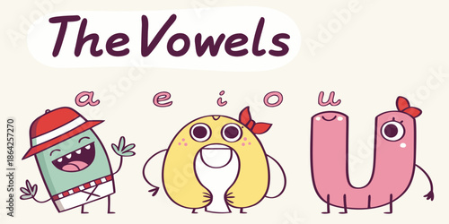 Cute cartoon vowel characters for kids educational vector