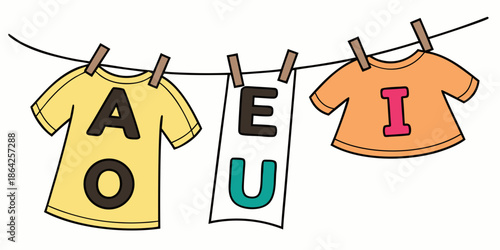 Vowels on a Clothesline Educational Vector Illustration