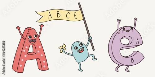 Cute Cartoon Alphabet Characters Celebrating with a Flag