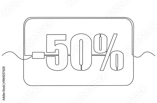 Continuous one line drawing of Minus Fifty percent. Single line drawing illustration of Sale Minus 50 percent. Shop Discount concept vector art. Doodle line illustration.