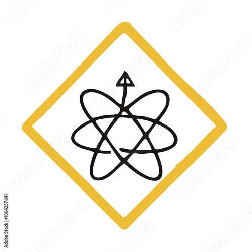 Atomic science symbol inside yellow diamond frame representing nuclear energy radiation