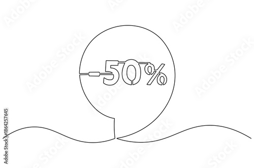 Continuous one line drawing of Minus Fifty percent. Single line drawing illustration of Sale Minus 50 percent. Shop Discount concept vector art. Doodle line illustration.