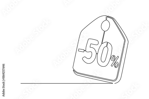Continuous one line drawing of Minus Fifty percent. Single line drawing illustration of Sale Minus 50 percent. Shop Discount concept vector art. Doodle line illustration.