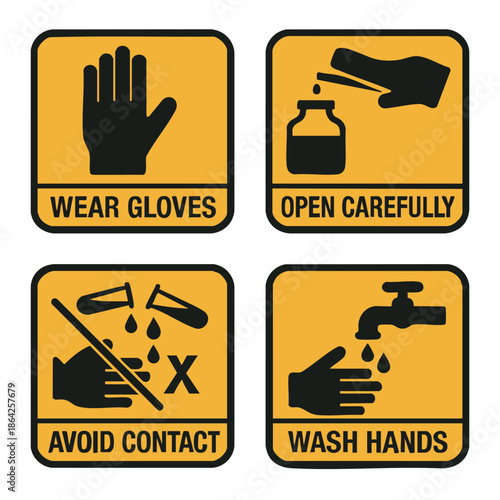 Four safety instruction labels for workplace protection featuring gloves and hand washing