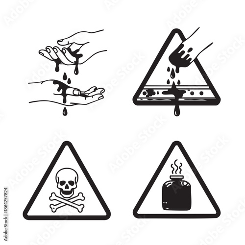 Hazard warning symbols set toxic corrosive dangerous hot materials caution triangle vector
