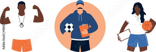 Flat Vector Illustration of Diverse Sports Coaches and Fitness Trainers