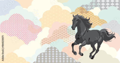 Black Stallion Galloping through Pastel Oriental Clouds, 2026 Year of the Horse Abstract Background with Traditional Japanese and Chinese Patterns, Lunar New Year Artistic Graphic