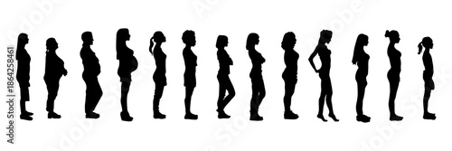 Set of female silhouettes standing in side view. Women of different body types, ages and poses. Black silhouettes isolated on transparent background. Vector collection suitable for fashion design.