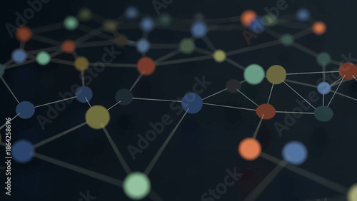 Abstract digital network visualization featuring interconnected colored nodes, symbolizing global communication, complex data flow, and modern technological infrastructure and connectivity