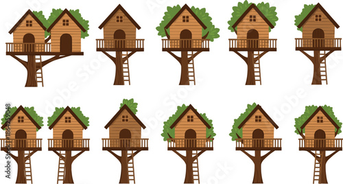 Vector Collection of Wooden Treehouses with Ladders and Balconies