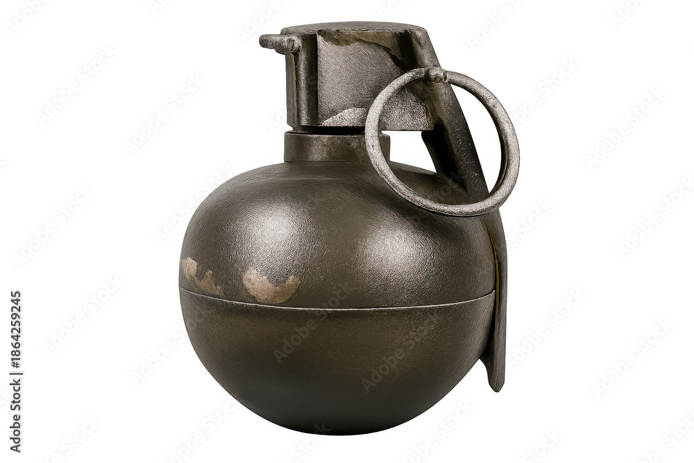 Naklejka premium Hand grenade, explosive military weapon, representing conflict, danger, and war, with safety pin and pull ring