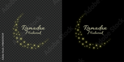 Ramadan Mubarak Greeting with Golden Stardust Crescent Moon and Sparkling Light Particles on Transparent Background