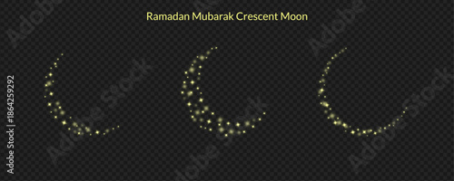 Golden Stardust Crescent Moon Set with Glowing Sparkling Particles for Ramadan Mubarak on Transparent Background
