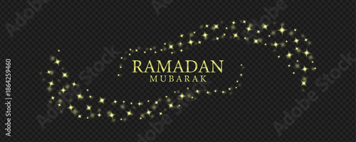 Ramadan Mubarak Greeting with Golden Magic Dust Trail and Sparkling Star Particles on Dark Transparent Background