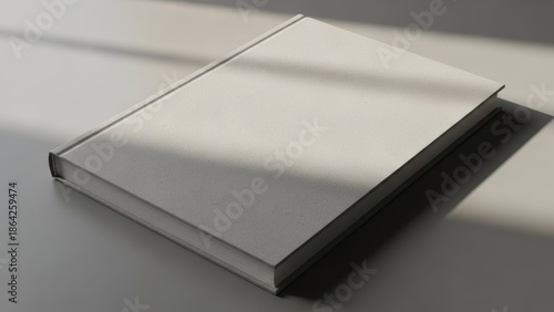 A blank white book casting a shadow on a light gray surface, suggesting a space for creative design or personalization