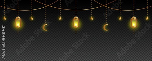 Hanging Golden Ramadan Lanterns and Crescent Moon Garland with Glowing Light Effects on Transparent Background
