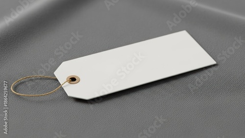 Blank white rectangular paper tag with a rustic string, perfect for custom labeling, pricing, or thoughtful gift personalization, isolated on a muted grey backdrop