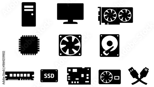 Black silhouette icons of computer hardware components and accessories.