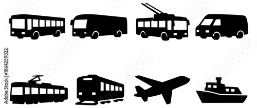 Silhouettes of various transport vehicles: bus, van, tram, train, airplane, ship.